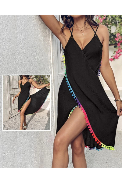 Modayakamoz Women's Strap Deep V-Neck Crossed Snap Pompom Wrap Pareo