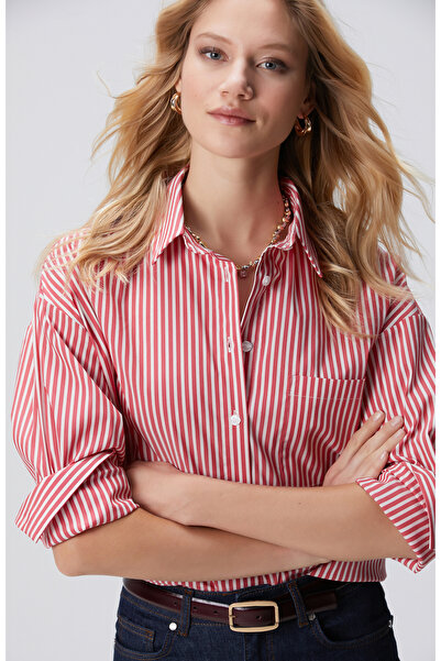 Network Kırmızı Beyaz Oversize Gömlek