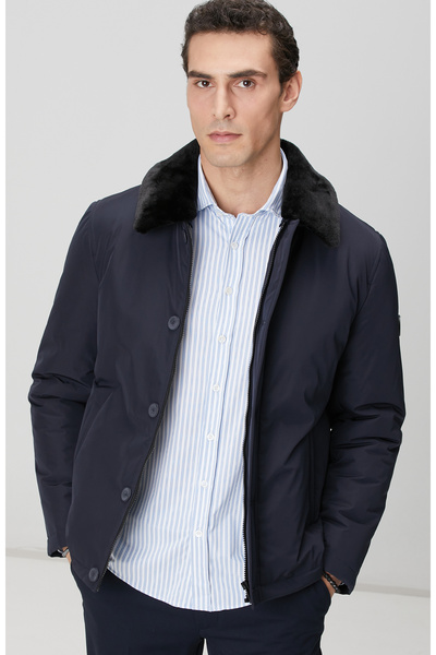 Network Lacivert Yakası Kürk Detaylı Mont