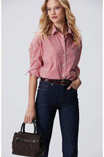 Network Kırmızı Beyaz Oversize Gömlek