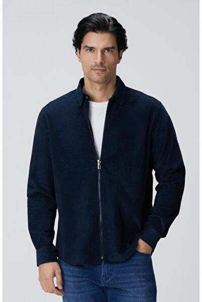 Network Lacivert Fermuarlı Fitilli Kadife Gömlek