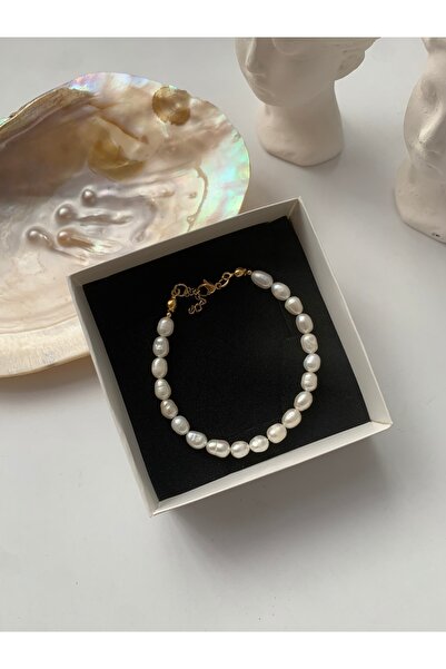 JOVİ ATELİER Gerçek Doğal Beyaz Orta Boy Arpa Inci Kadın Bileklik Çelik Klips Ve Uzatma Zinciri