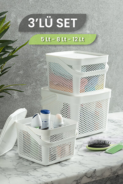 MYBOX 3'lü Çok Amaçlı Sepet - Banyo Düzenleyici Kapaklı Kulplu Saklama Kutusu...