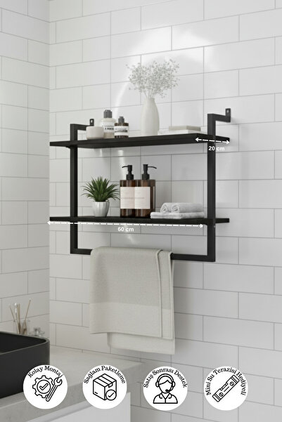 Euromob 60x20 cm Banyo Rafı Duvara Monte Havluluk 2 Katlı Dekoratif Düzenleyici Organizer Siyah Metal