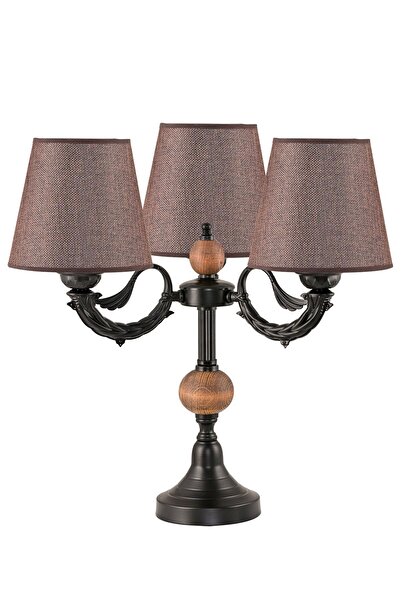 DEDE ÜÇLÜ ŞAMDAN MASA LAMBASI ABAJUR SİYAH KAHVERENGİ ŞAPKALI