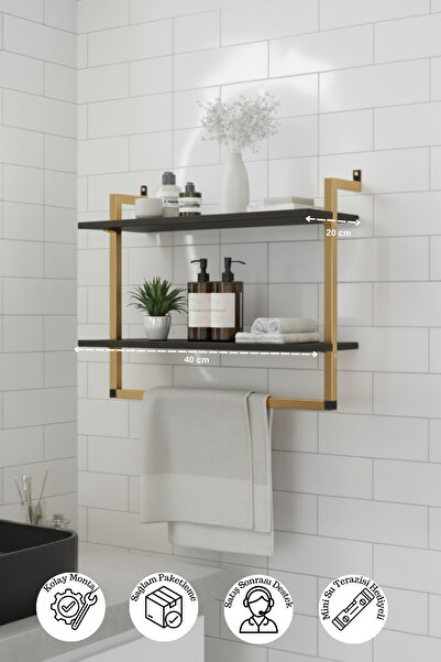 Euromob 40x20 cm Banyo Rafı Duvara Monte Havluluk 2 Katlı Dekoratif Düzenleyici Organizer Gold Metal