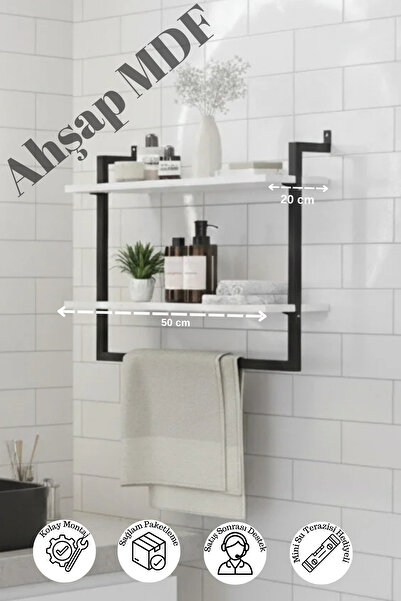 Euromob MDF Banyo Rafı 50x20 cm Duvara Monte Havluluk 2 Katlı Dekoratif Düzen...