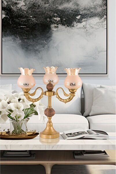 DEDE ÜÇLÜ ŞAMDAN MASA LAMBASI ABAJUR ESKİTME  BAL RENGİ CAMLI