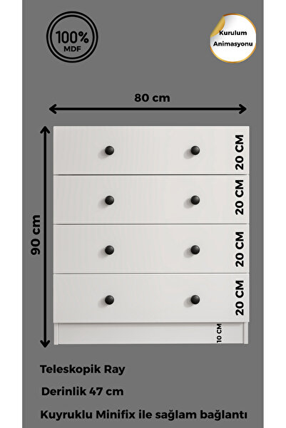 CABİNSE %100 MDF Soft Beyaz 4 Çekmeceli ŞİFONYER