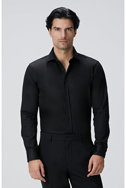 Network Slim Fit Siyah Pamuk Saten Gömlek