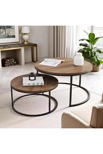 Living طقم طاولات قهوة متداخلة من قطعتين - أسطح خشبية مستديرة وأرجل فولاذية سوداء