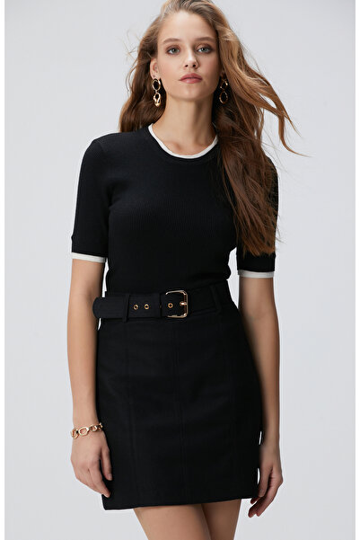 Network Siyah Çift Renkli Kısa Kol Triko Kazak