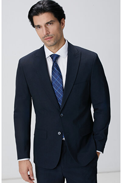 Network Slim Fit Lacivert Çizgili Piklapel Yaka Takım