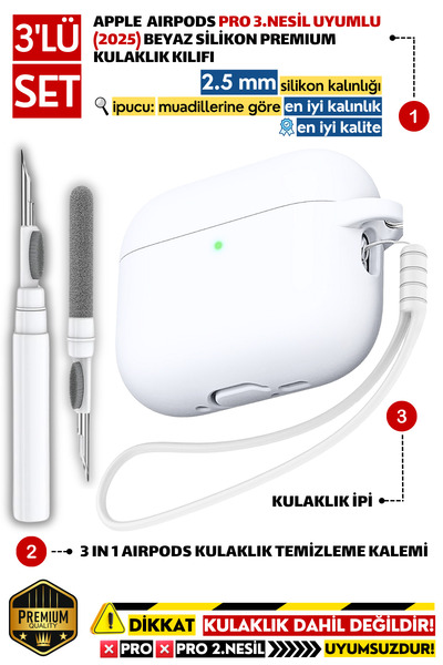 EWEC Pro 3.Nesil Uyumlu Beyaz Silikon Kulaklık Kılıfı, Kulaklık İpi, 3'ü 1 Ar...