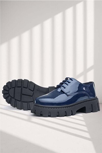 Rakerplus Navy Blue Patent Leather Lace-Up Girls' Oxford School Shoes