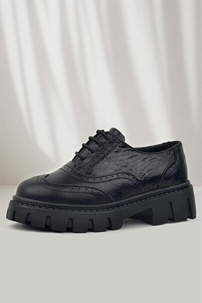 Rakerplus Black Wrinkled Patent Leather Genuine Leather Laced Oxford Casual S...