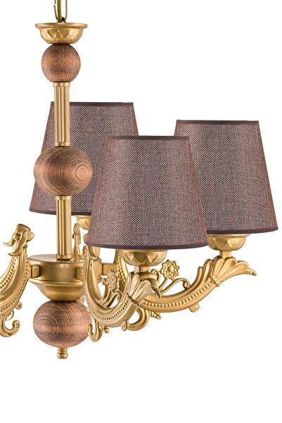 DEDE BEŞ KOLLU AHŞAPLI ESKİTME ZAMAK METAL DÖKÜM AVİZE KAHVERENGİ ŞAPKALI