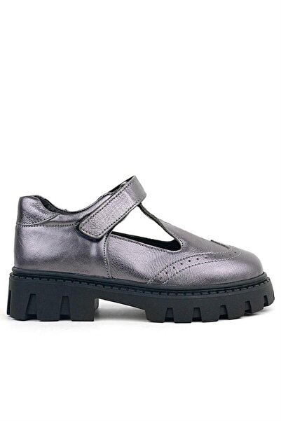Rakerplus Genuine Leather Platinum Black Sole Velcro Girls' School Shoes
