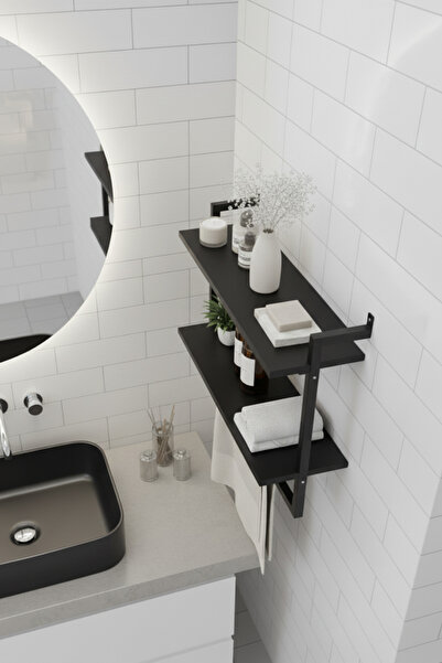 Euromob 60x20 cm Banyo Rafı Duvara Monte Havluluk 2 Katlı Dekoratif Düzenleyici Organizer Siyah Metal