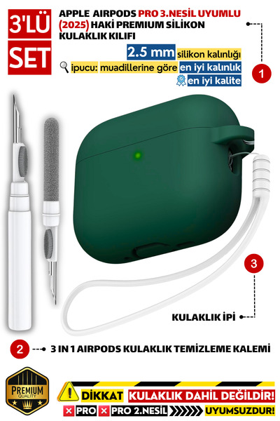EWEC Pro 3.Nesil Uyumlu Haki Silikon Kulaklık Kılıfı, Kulaklık İpi Ve 3'ü 1 A...