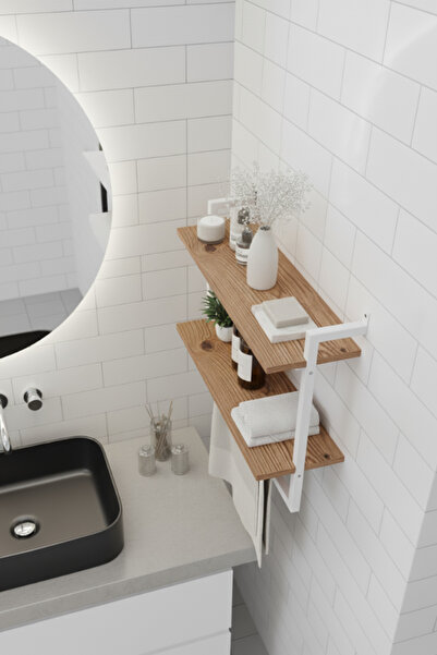 Euromob 60x20 cm Banyo Rafı Duvara Monte Havluluk 2 Katlı Dekoratif Düzenleyici Organizer Beyaz Metal