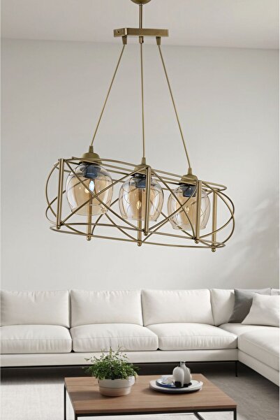 DEDE ÜÇLÜ CURVA METAL AVİZE  SIRALI BAL RENGİ CAMLI