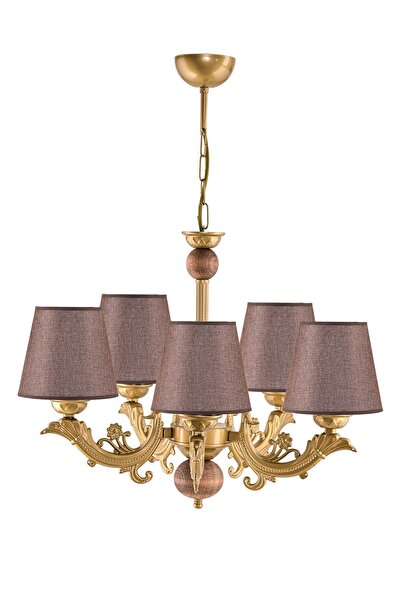 DEDE BEŞ KOLLU AHŞAPLI ESKİTME ZAMAK METAL DÖKÜM AVİZE KAHVERENGİ ŞAPKALI