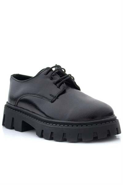 Rakerplus Чорні зморшкуваті шкіряні черевики з шнурівкою для дівчаток Oxford для школи