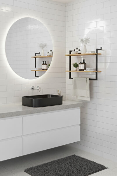 Euromob 60x20 cm Banyo Rafı Duvara Monte Havluluk 2 Katlı Dekoratif Düzenleyici Organizer Siyah Metal