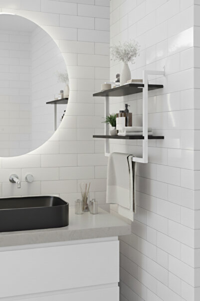 Euromob 40x20 cm Banyo Rafı Duvara Monte Havluluk 2 Katlı Dekoratif Düzenleyici Organizer Beyaz Metal