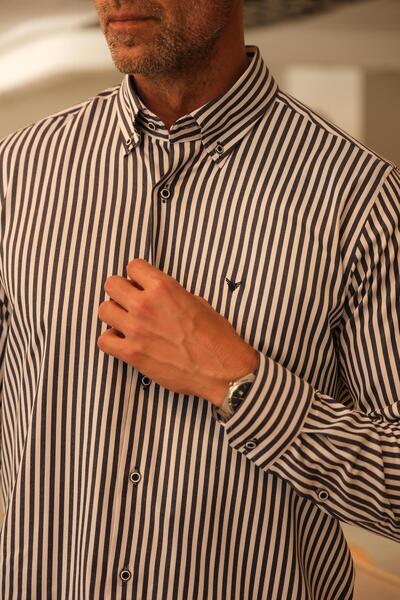 Fitmens Slim Fit Long Sleeve Lycra Striped Collar Buttoned Gift Boxed Men's Shirt Fs-003669 - Navy Blue