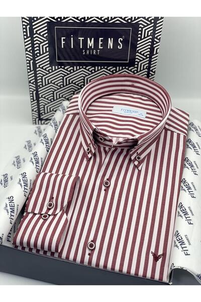 Fitmens Slim Fit Long Sleeve Lycra Striped Collar Buttoned Gift Boxed Men's Shirt Fs-003669 - Burgundy
