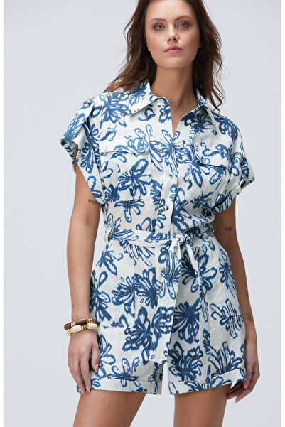 Network Mavi Desenli Keten Tulum