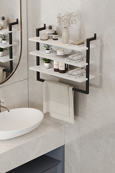 Euromob 3 Raflı Beyaz Banyo Rafı | Siyah Profil | Havluluk | 60x20 Ebatında A...