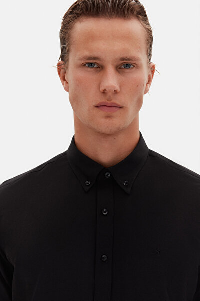 D'S Damat Ds Damat Slim Fit Siyah Oxford Düğmeli Yaka Kolay Ütülenebilir Nakış Detaylı Pamuklu Gömlek