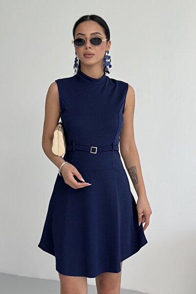 ALFUDO Moda Collection Bisiklet Yaka Kemer Aksesuar Lacivert Elbise