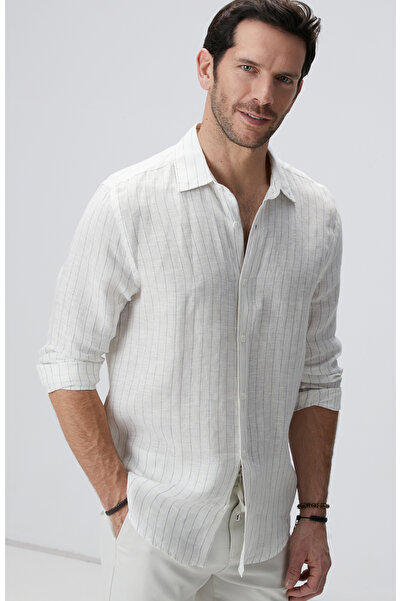 Network Beyaz Çizgi Desenli Keten Gömlek