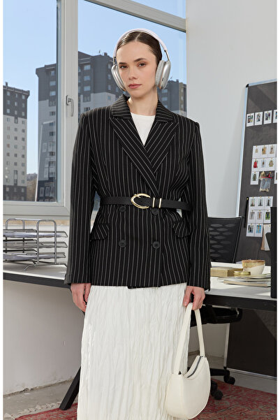 Fatma Atasoy Çizgili Siyah Midi Dad Ceket