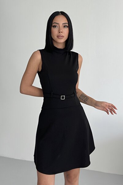 ALFUDO Moda Collection Bisiklet Yaka Kemer Aksesuar Siyah Elbise