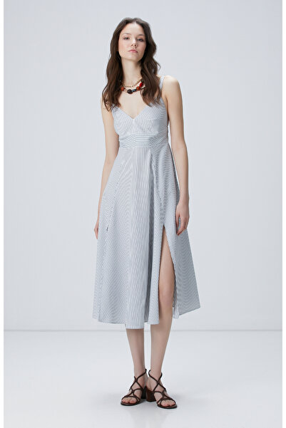 Network Lacivert Kırık Beyaz Çizgili Midi Elbise