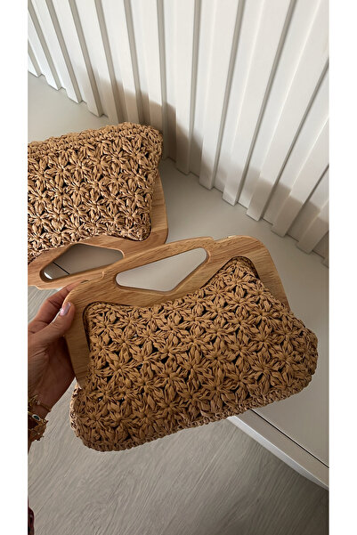 WOMANBAG EL YAPIMI HASIR AHŞAP BURSLU CLUTCH EL ÇANTASI