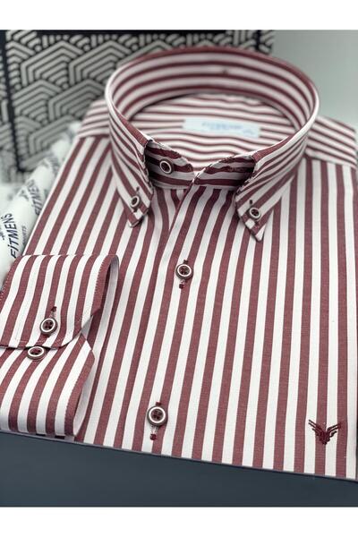 Fitmens Slim Fit Long Sleeve Lycra Striped Collar Buttoned Gift Boxed Men's Shirt Fs-003669 - Burgundy
