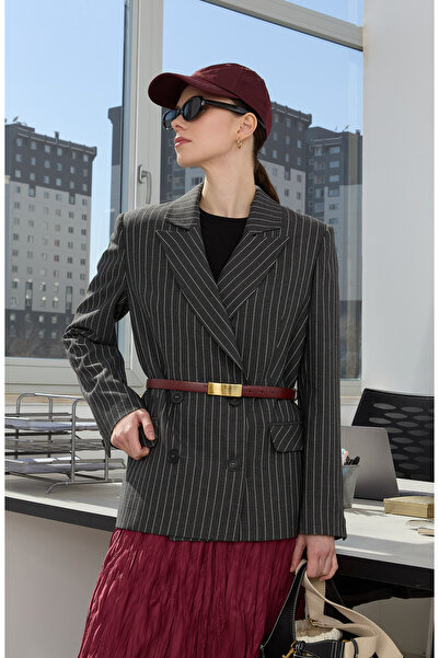 Fatma Atasoy Çizgili Antrasit Midi Dad Ceket