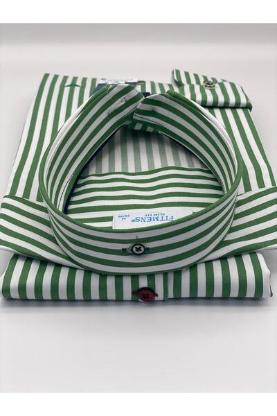 Fitmens Slim Fit Long Sleeve Lycra Striped Collar Buttoned Gift Boxed Men's Shirt Fs-003669 - Green