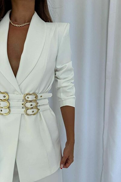 SCZ Kadın Gold Tokalı Blazer Ceket – Ekru