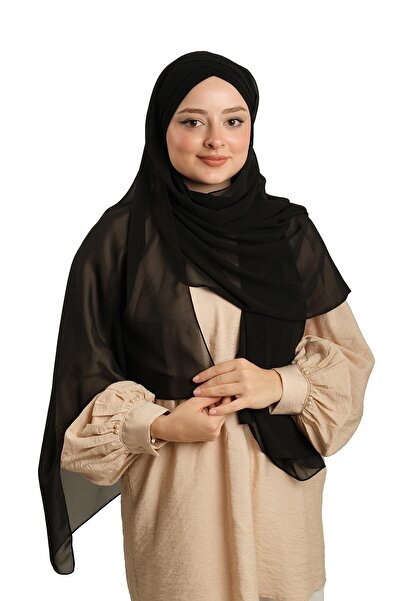 HÜRREM BONE Μαύρο σάλι με δέσιμο στην πλάτη σιφόν σταυρός με τρεις ρίγες 1457_01