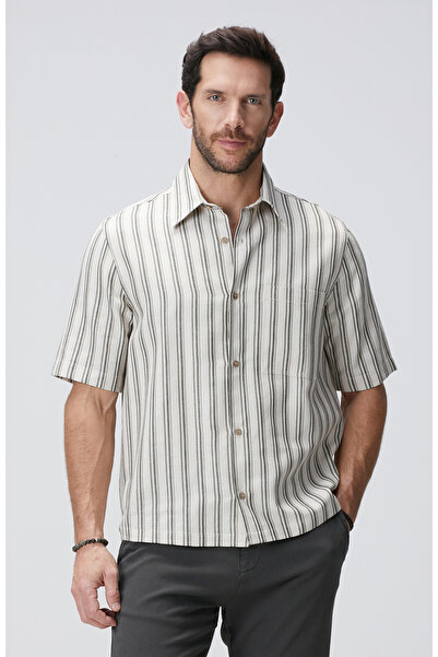 Network Kırık Beyaz Çizgili Keten Karışımlı Gömlek