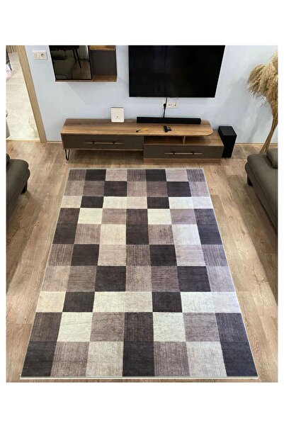 STY Home Kaymaz Tabanlı Halı Yıkanabilir Halı Dijital Baskı Krem Kahve Rengi