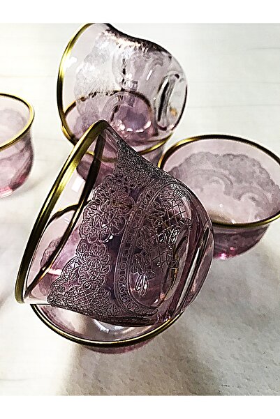 DECOSTYLE Pantoğraf Menekşe Pink Gold Glass Coffee and Mirra Cup Set of 6