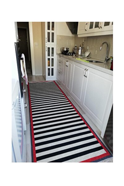 STY Home Cizgi Çerçeve Kaymaz Tabanlı Yıkanabilir Halı Kilim Yolluk Beyaz Siy...